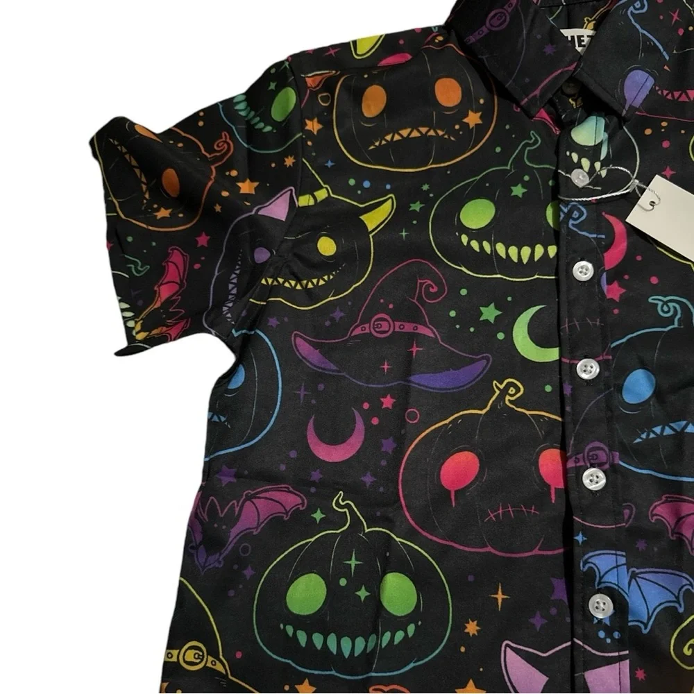 Boys Mohez Neon Halloween Pumpkin Button‎ Down Short Sleeved Shirt, 7-8y